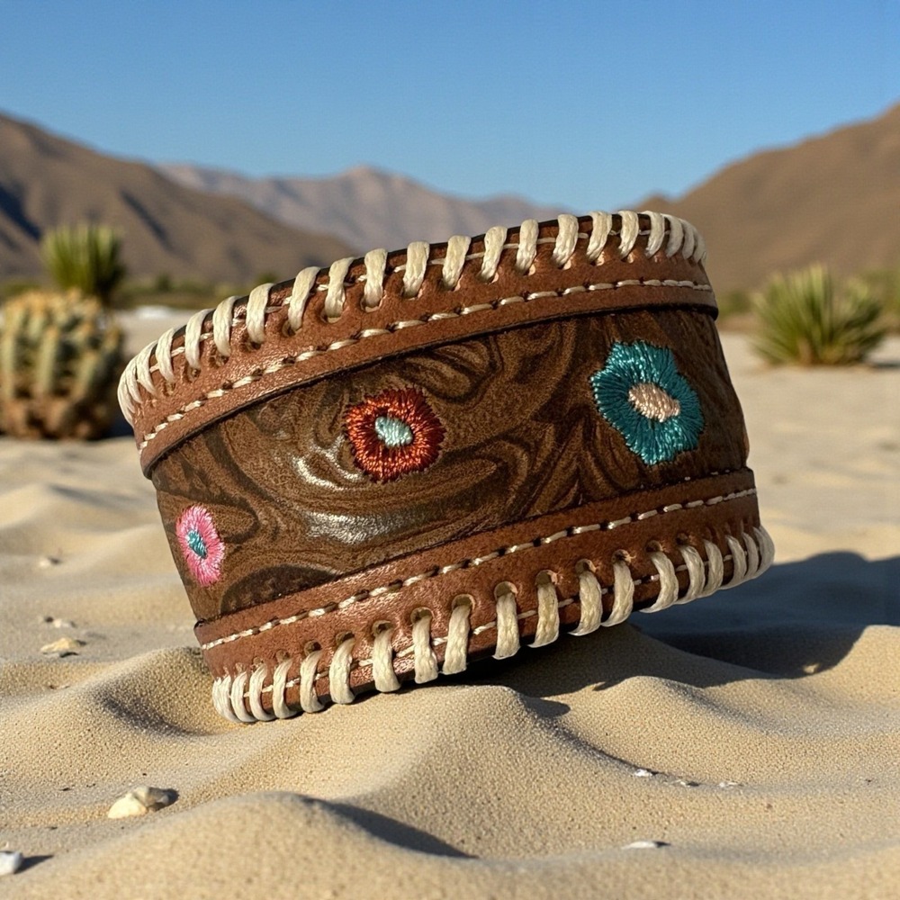 Justin Leather Cuff Bracelet Floral Tooled Embroidered Cowgirl Brown Western